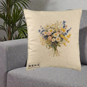 Perna Decorativa Buchet Camp Acuarela Margarete-Lavanda, 40x40 cm, Bej, Husa Detasabila, Perna Inclusa, BEKZ®
