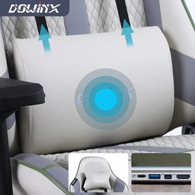 DOWINX Scaun gaming, ergonomic, pernă lombară cu masaj, suport pentru picioare, piele PU matlasata, respirabila, cotiere 4D, rezistent 150 kg, Gri