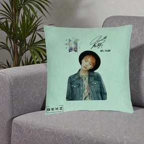Perna Personalizata K-pop BTS Suga par Portocaliu Palarie Autograf, 40x40 cm, Verde Menta, Husa Detasabila, Perna Inclusa, BEKZ®