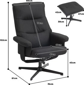 HOMCOM Fotoliu rabatabil cu taburet, rotativ, funcție de legănare, aspect catifelat, până la 150 kg, Negru | Aosom Romania