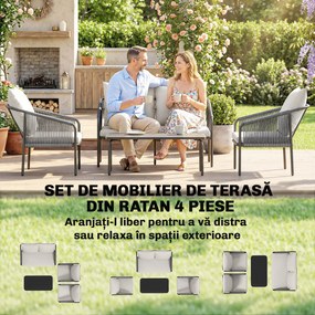 Outsunny Set de Grădină din Ratan 4 Piese cu Canapea, Fotolii, Măsuță, Bej | Aosom Romania