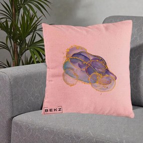 Perna Decorativa Abstract Acuarela Albastru-Mov cu Cercuri Aurii, 40x40 cm, Roz, Husa Detasabila, Perna Inclusa, BEKZ®