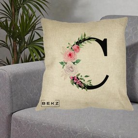Cadou Personalizat - Perna Personalizata Monograma Florala Litera C, 40x40 cm, Crem, Husa Detasabila, Perna Inclusa, BEKZ®