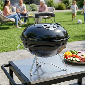 Outsunny Grătar pe cărbune Grătar rotund portabil cu mâner pentru capac fante de ventilație reglabile pentru barbecue 41x41x44 cm Negru | Aosom Romania