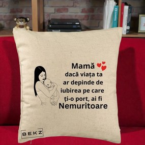 Cadou pentru Mama - Perna Personalizata Mama Nemuritoare Linie, 40x40 cm, Bej, Husa Detasabila, Perna Inclusa, BEKZ®
