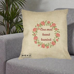 Cadou pentru Bunica - Perna Personalizata Cea Mai Buna Bunica Coronita Trandafiri Roz Clasic, 40x40 cm, Crem, Husa Detasabila, Perna Inclusa, BEKZ®