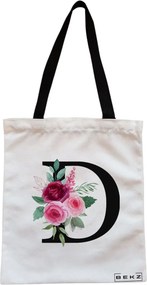 Sacosa de Panza pentru Cumparaturi, Geanta Tote, Cu litera D si Trandafiri, Cu fermoar, 38x34.5 cm, Alba, BEKZ®