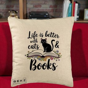 Perna Personalizata Life is Better Cats and Books, 40x40 cm, Bej, Husa Detasabila, Perna Inclusa, BEKZ®