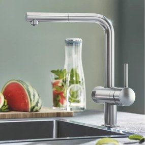 Baterie bucatarie cu dus extractibil Grohe Blue Pure Minta si functie de filtru crom periat Supersteel