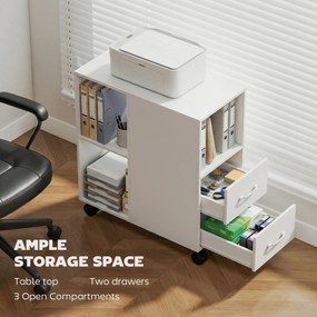 HOMCOM Măsuță de Living cu Roți, 2 Sertare, Raft Deschis și Poliță Reglabilă, Măsuță pentru Dormitor sau Living, 60x30x65 cm, Alb | Aosom Romania