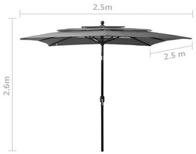 Umbrela de soare 3 niveluri, stalp aluminiu, antracit 2,5x2,5 m Antracit, 2.5 x 2.5 m