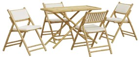 vidaXL Set de bistro pliabil, 5 piese, cu perne alb crem, bambus