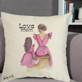 Cadou pentru Mama - Perna Personalizata Love Mom Rochii Roz, 40x40 cm, Ecru, Husa Detasabila, Perna Inclusa, BEKZ®