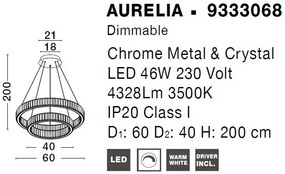 Lustra LED suspendata cu 2 inele , dimabila, cristal design elegant AURELIA crom 60cm