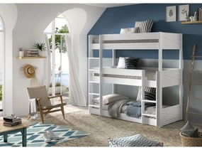Pat supraetajat triplu pentru copii SCOTT, alb, 90 x 200 cm, din pin scandinav masiv, cu 3 spații de dormit – Vipack