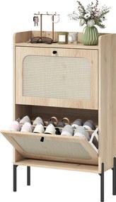 HOMCOM Dulap pentru încălțăminte 12 perechi, dulap cu 2 sertare rabatabile, uși din ratan și polițe reglabile, stejar | Aosom Romania