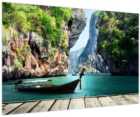 Tablou - Apă peisaj mediteranean cu barca (90x60 cm)