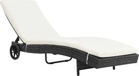 vidaXL Șezlong de plajă cu roți și pernă, negru, poliratan