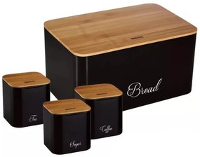 Set cutie de paine neagra cu 3 recipiente, otel, capace din bambus, Kinghoff KH1586