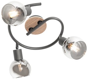 Plafoniera neagră 44,5 cm cu sticlă fumurie și lemn cu 3 lumini - Vidro