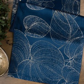 Traversa pentru masa centrală din catifea cu imprimare lucioasă de frunze albastre Lățime: 35 cm | Lungime: 180 cm