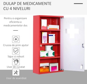 HOMCOM Dulap Prim Ajutor Montabil Perete, Cutie Medicamente, 60x30x12 cm, Roșu | Aosom Romania