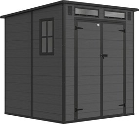 Outsunny Magazie de Grădină 2.89m² din PP și Aluminiu cu Podea, Depozit Grădină cu Uși Duble cu Încuietoare, Aerisiri, 3 Ferestre, Acoperiș Înclinat, Mănuși, Gri Închis | Aosom Romania