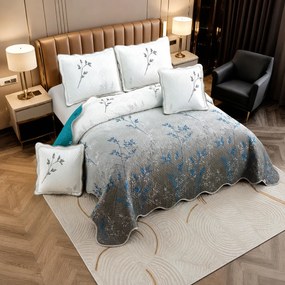 Cuvertură bumbac 100%, gri-bleu cu flori, 5 piese, 230x250 cm, CB427