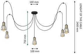 Lustră pe cablu TUBE LONG 5xE27/15W/230V negru/auriu