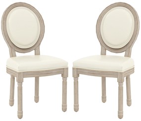 HOMCOM Set de 2 scaune de sufragerie tip medaillon în stil Louis XVI, din lemn masiv patinat, cu șezut în înveliș sintetic crem | Aosom Romania