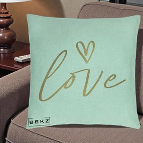 Perna Decorativa Love Caligrafie Aurie, 40x40 cm, Verde Menta, Husa Detasabila, Perna Inclusa, BEKZ®
