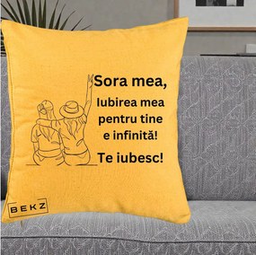 Cadou pentru Sora - Perna Personalizata Sora Mea Te Iubesc Line Art Portrete Colorate, 40x40 cm, Galben, Husa Detasabila, Perna Inclusa, BEKZ®