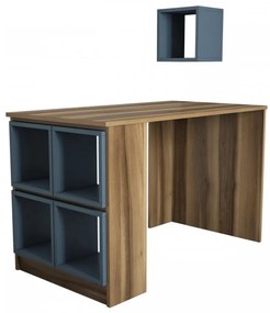 Set Birou de Studiu si Raft, PAL Melaminat, Box, Nuc / Albastru Petrol