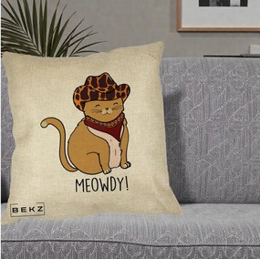 Perna Decorativa Pisica Cowboy Meowdy, 40x40 cm, Crem, Husa Detasabila, Perna Inclusa, BEKZ®