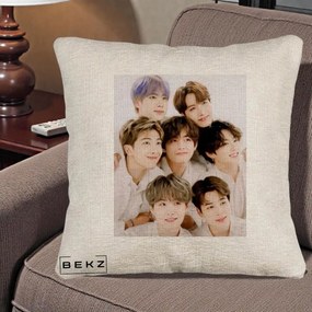 Perna Personalizata K-pop BTS Foto Grup Fete Albe, 40x40 cm, Bej Canapea, Husa Detasabila, Perna Inclusa, BEKZ®