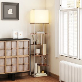 HOMCOM Lampă de podea cu rafturi Temperaturi de culoare reglabile 3000K-6500K Telecomandă Bec E27 Lemn natural | Aosom Romania