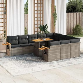 vidaXL Set canapele grădină perne 11 piese, gri, poliratan/lemn acacia