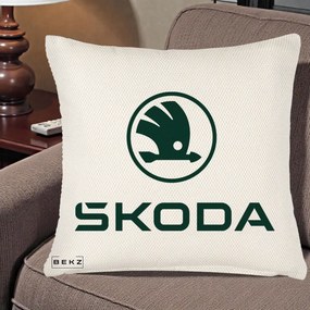 Perna Personalizata cu emblema Skoda, 40x40 cm, Crem Reliefat, Husa Detasabila, Perna Inclusa, BEKZ®
