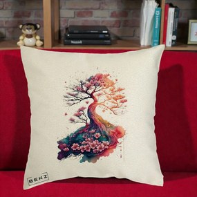 Perna Decorativa Copac Sakura Acuarela Fantasy, 40x40 cm, Ecru, Husa Detasabila, Perna Inclusa, BEKZ®