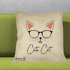 Perna Personalizata Cute Cat cu Ochelari, 40x40 cm, Crem, Husa Detasabila, Perna Inclusa, BEKZ®