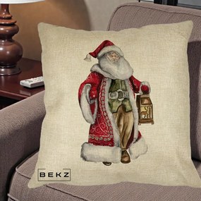 Perna Decorativa Mos Craciun Vintage cu Felinar, 40x40 cm, Crem, Husa Detasabila, Perna Inclusa, BEKZ®