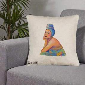 Perna Decorativa Portret Femeie Contemplativa, 40x40 cm, Bej Canapea, Husa Detasabila, Perna Inclusa, BEKZ®