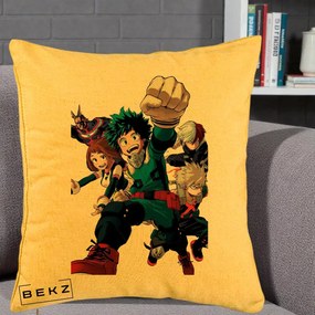 Perna Personalizata My Hero Academia Izuku Deku si Echipa, 40x40 cm, Galben, Husa Detasabila, Perna Inclusa, BEKZ®