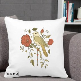 Perna Decorativa Pasare pe Ramura cu Maci, 40x40 cm, Alba Mata, Husa Detasabila, Perna Inclusa, BEKZ®