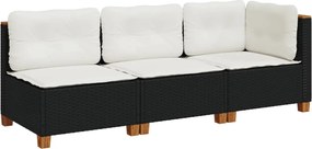 vidaXL Canapea de grădină cu perne, 3 locuri, negru, poliratan