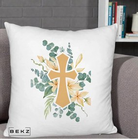 Perna Personalizata Cruce Florala Botez, 40x40 cm, Alb Pufos, Husa Detasabila, Perna Inclusa, BEKZ®