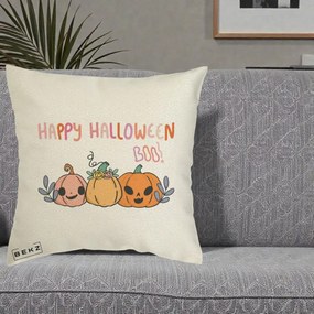 Perna Decorativa Happy Halloween Boo Trei Dovlecei Kawaii, 40x40 cm, Ecru, Husa Detasabila, Perna Inclusa, BEKZ®