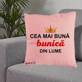 Cadou pentru Bunica - Perna Personalizata Cea Mai Buna Bunica Din Lume Coroana Aurie, 40x40 cm, Roz, Husa Detasabila, Perna Inclusa, BEKZ®