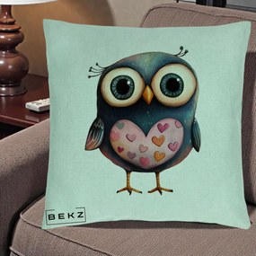 Perna Decorativa Bufnita cu Inimioare Roz, 40x40 cm, Verde Menta, Husa Detasabila, Perna Inclusa, BEKZ®