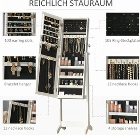 HOMCOM Oglindă Portbijuterii, Dulap Portbijuterii cu Unghi Reglabil, Organizator pentru Inele, Coliere, Cercei, Încuietoare cu Cheie, pentru Dormitor, Living, 46x36.5x151.5cm, Alb | Aosom Romania
